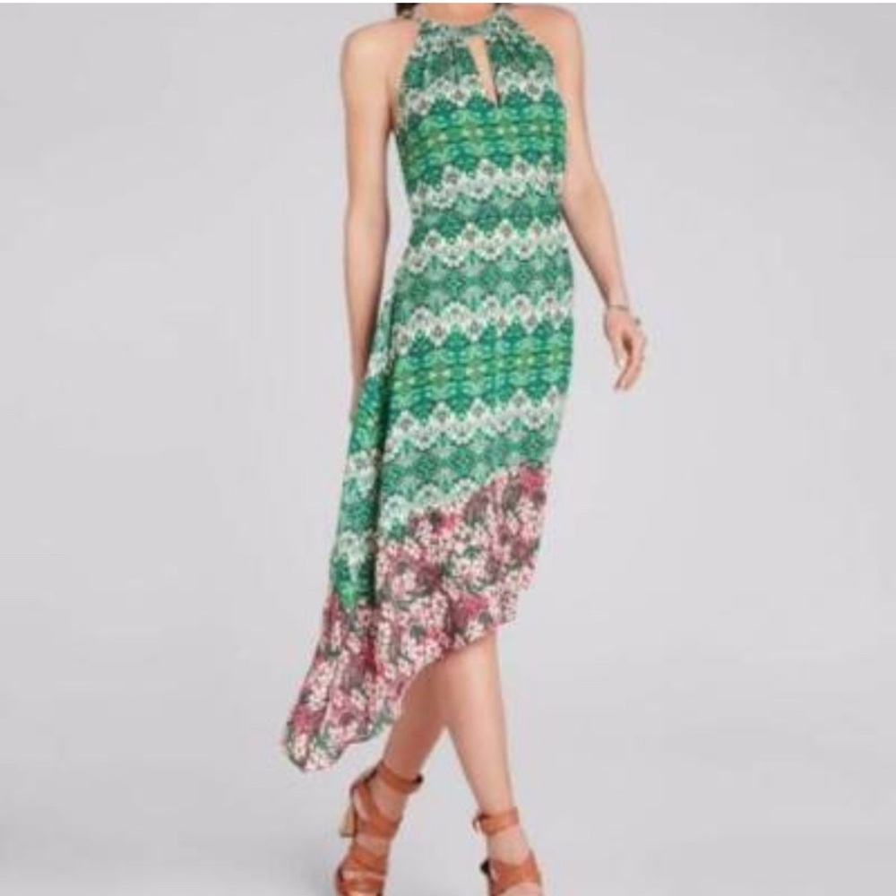 BCBG MAXAZRIA Green and Pink Hugh neck deep v Midi handkerchief emerald Dress M